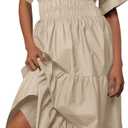 Wenrine Womens Summer Short Sleeve Maxi Dresses Casual V Neck Smocked Loose Tiered Flowy Shirt Dress with Pockets (Size Large, Khaki)