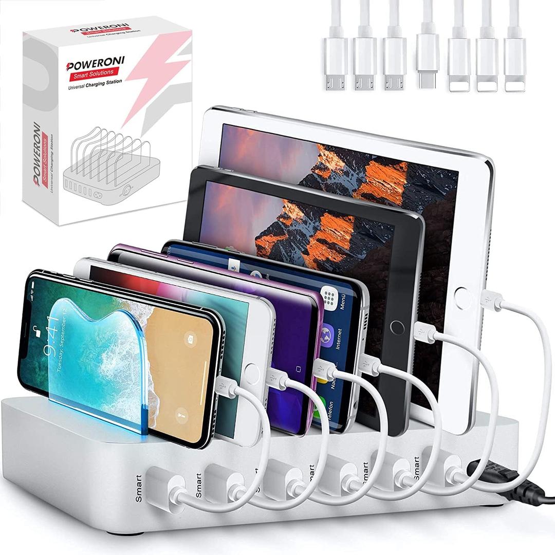 USB Charging Dock - 6-Port Universal Charging Station for Multiple Devices - Multi Device Charger Station - Compatible with Apple, iPad, iPhone, and Android Cell Phones and Tablets (Silver)