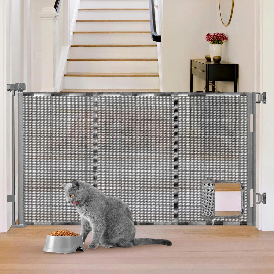 Reinforced 60” Wide Retractable Dog Gate with Cat Door Gates for Pets with Reinforced Strips 33” Tall Mesh Baby Gate Retractable Pet Gates for Dogs Indoor with Door Cats Can in and Out Freely, Gray