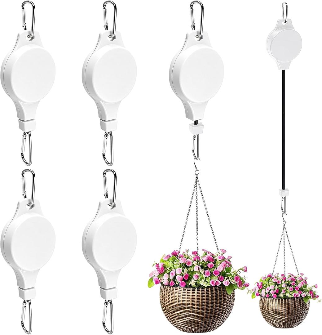Retractable Plant Hanger with Pulley System, Effortless Raising and Lowering for Indoor and Outdoor Plants, Hanging Planters, Garden Pots & Bird Feeders (4-Pack,White)