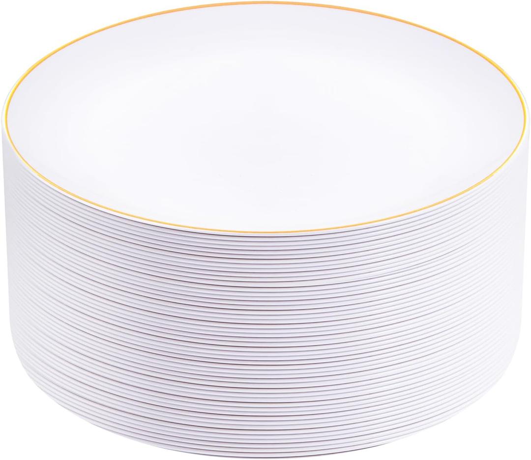 Festiva 50Pcs Gold Plastic Plates - 9 Inch White Plastic Plates with Gold Rim - Disposable Dinner Plates - include 50 salad& pasta Plate Perfect for Party & Wedding & Thanksgiving & Christmas