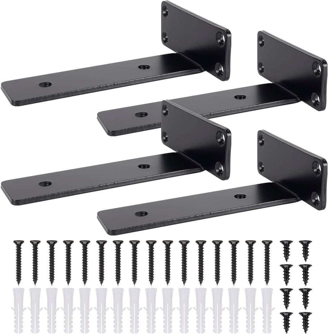 6 Inch Floating Shelf Bracket, Hidden Heavy Duty Hardware Shelf Bracket for Supporting Wooden Shelves with Black Powder Coating, 2 Pack