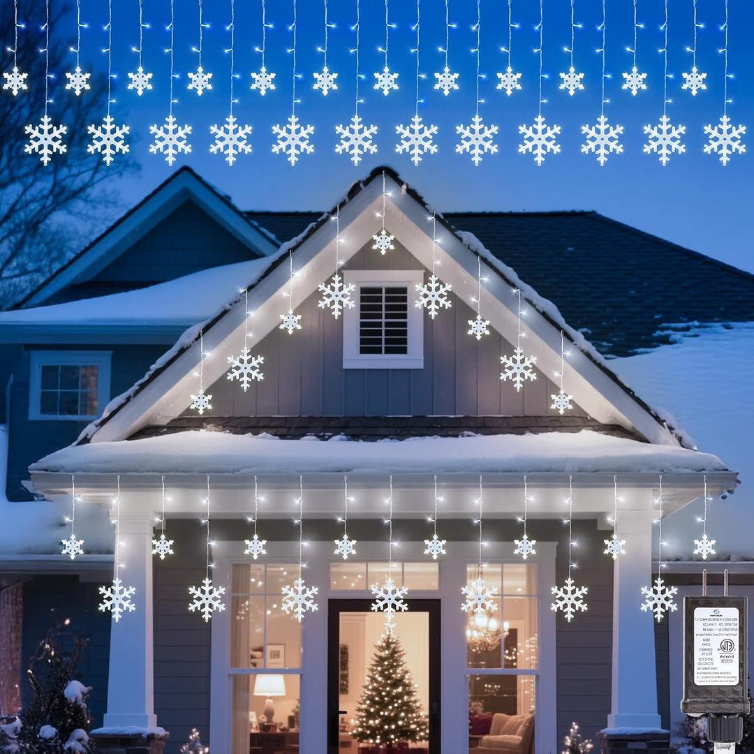 Brightown Christmas Snowflake Lights Outdoor - 13FT 192LED Snowflake String, 16 Drops, 12 Modes, Timer, IP65 Waterproof, Connectable Xmas Lights for Eaves Windows, Indoors & Outdoors (White)