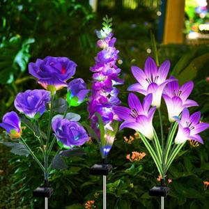 Solar Garden Lights Waterproof, 3 Pack Solar Flowers Lights Includes Lily Rose Delphinium, Gardening Gifts for Mom Grandma Women, 7-Color Changing Outdoor Decor for Garden Yard Patio Lawn