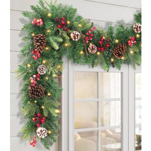 Pre-lit Christmas Garland 9FT with 100 Warm Lights, Battery Operated Xmas Garland with Pine Cedar Cones & Red Berries, Christmas Decoration for Mantle Fireplace Stair Railing Porch (Evergreen Glow)
