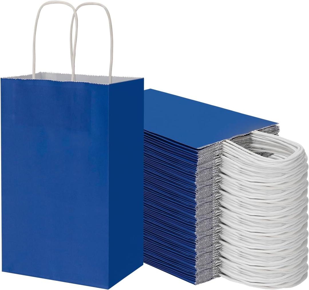 100 Pack 5.25x3.25x8.25 Inch Small Royal Blue Kraft Paper Bags with Handles Bulk, Toovip Gift Wrap Bags for Favor Grocery Retail Party Birthday Shopping Business Goody Craft Merchandise Take Out Sacks