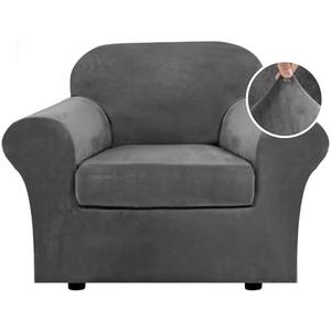 H.VERSAILTEX Rich Velvet Stretch 2 Piece Chair Cover Chair Slipcover Sofa Cover Furniture Protector Couch Soft with Elastic Bottom Chair Couch Cover with Arms Width Up to 49 Inch, (Chair,Grey)