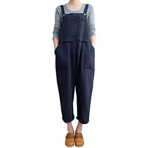 Gihuo Women Linen Overalls Jumpsuits Loose Fit Baggy Bib Rompers Casual Summer Outfits Trendy 2025,​​ L, Navy