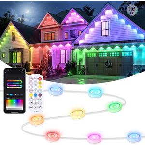 Brightever Permanent Outdoor Lights, 105FT Smart RGBIC Outdoor Christmas Light with 50 LED Eaves Lights, 90 Scene Modes, IP65 Waterproof Outdoors Decorations for House, Garden, APP/Remote Control