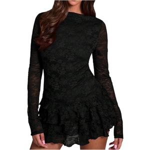 Verdusa Women's Floral Lace Wedding Guest Dresses Long Sleeve Layered Ruffle Mini Dress Date Night Outfit (Large, Black)