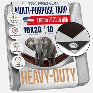 10x20 Heavy Duty Tarp, 10 Mil Thick, Waterproof, Tear & Fade Resistant, High Durability, UV Treated, Grommets Every 18 Inches. (Silver/Brown - Reversible) (10 x 20 Feet)