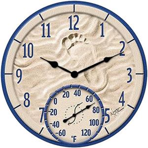 Taylor By The Sea Poly Resin Indoor and Outdoor Clock and Thermometer, Decorative and Easy to Read Large Numbers for Kitchen, Bathroom, Living Room and Indoor Areas, 14-inch, Multi-Color