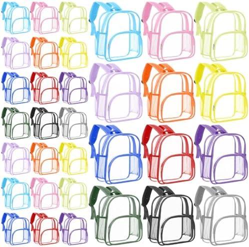 Amylove 24 Pcs Clear Backpacks Bulk Heavy Duty Transparent PVC Bookbag for Stadium Security Travel (12 Inches,12 Colors)