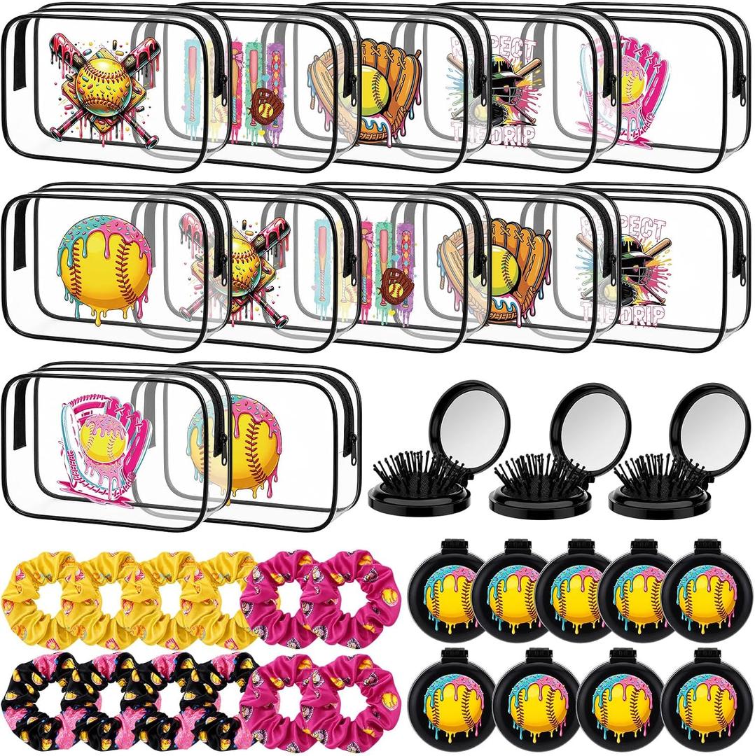 36 Pcs Softball Ice Cream Drip Gifts for Women 12 Softball Makeup Bag Bulk Cosmetic Bag Sport Team Gifts with 12 Sport Hair Scrunchies 12 Round Portable Folding Brush Mirror for Coach Team