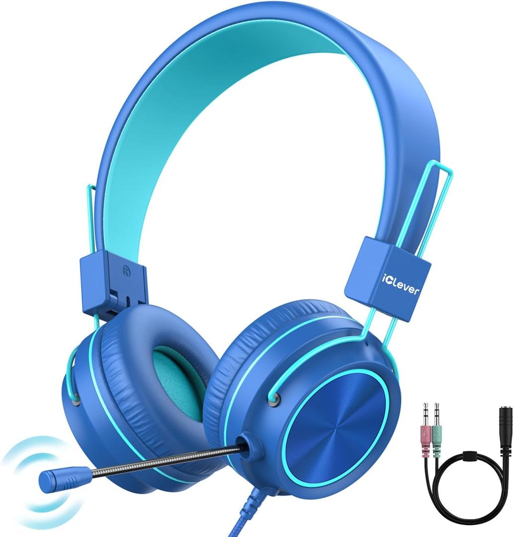 iClever HS21 Kids Headphones with Microphone for Virtual School- Rotatable Extendable Mic - 94 dB Volume-Safe Headphones for Kids, Wired Foldable Kid Gaming Headset for PS4/Xbox One/Switch/PC/Tablet (Blue)