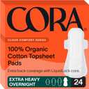Cora 100% Organic Cotton Topsheet Pad | Ultra Thin Period Pads with Wings | Extra Heavy Overnight Absorbency | Unscented Ultra-Absorbent Sanitary Pads for Women (24 Count)