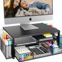 Desk Organizer and Accessories, 2-Tier Computer Monitor Stand with Drawer and 2 Pen Holders, Office Desk Accessories for Office Supplies, Black