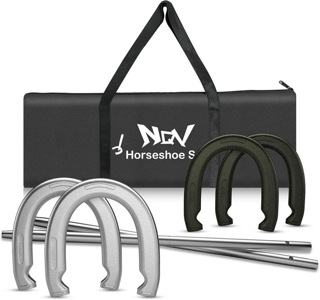 NQV Horseshoe Outside Game,Horse Shoe Game Kit,Horseshoe Set on Lawn Beach Soil Outdoor Backyard Adults. 4 Traditional Heavy Duty Forged Steel Horseshoes Regulation Size+2 Forged Steel Stakes+1 Bag