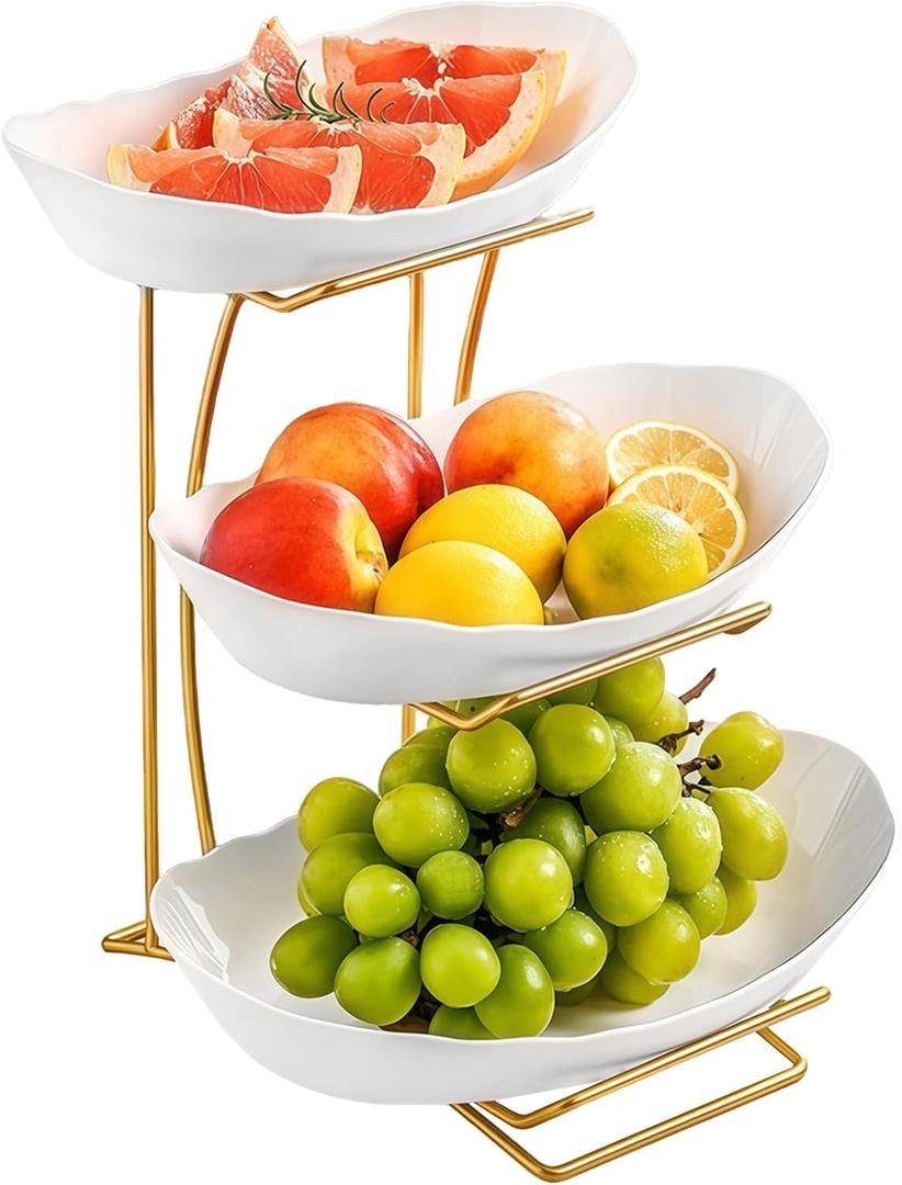 OMISTAR 3 Tier Fruit Bowl for Kitchen Counter, Gold Metal Stand Tiered Fruit Basket, ABS Serving Bowls, 11.2 in Lightweight Luxury Multi-Layer Snack Rack for Home Living Room