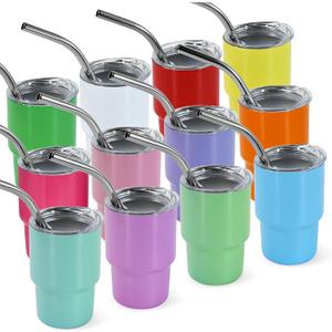 7 oz Mini Tumbler Shot Glass with Straw and Lid 12 Pcs Sublimation Shot Glasses Tumblers Stainless Steel Mini Shot Glasses with Lids for Wedding Party Whiskey Cocktail Bar, 12 Colored