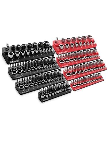 SUNBABA 8-Piece Magnetic Socket Organizer Set,1/2", 1/4" and 3/8" SAE & Metric Deep & Shallow Socket Holder Kit, Socket Trays, holds 197Pcs Sockets (sockets not included)