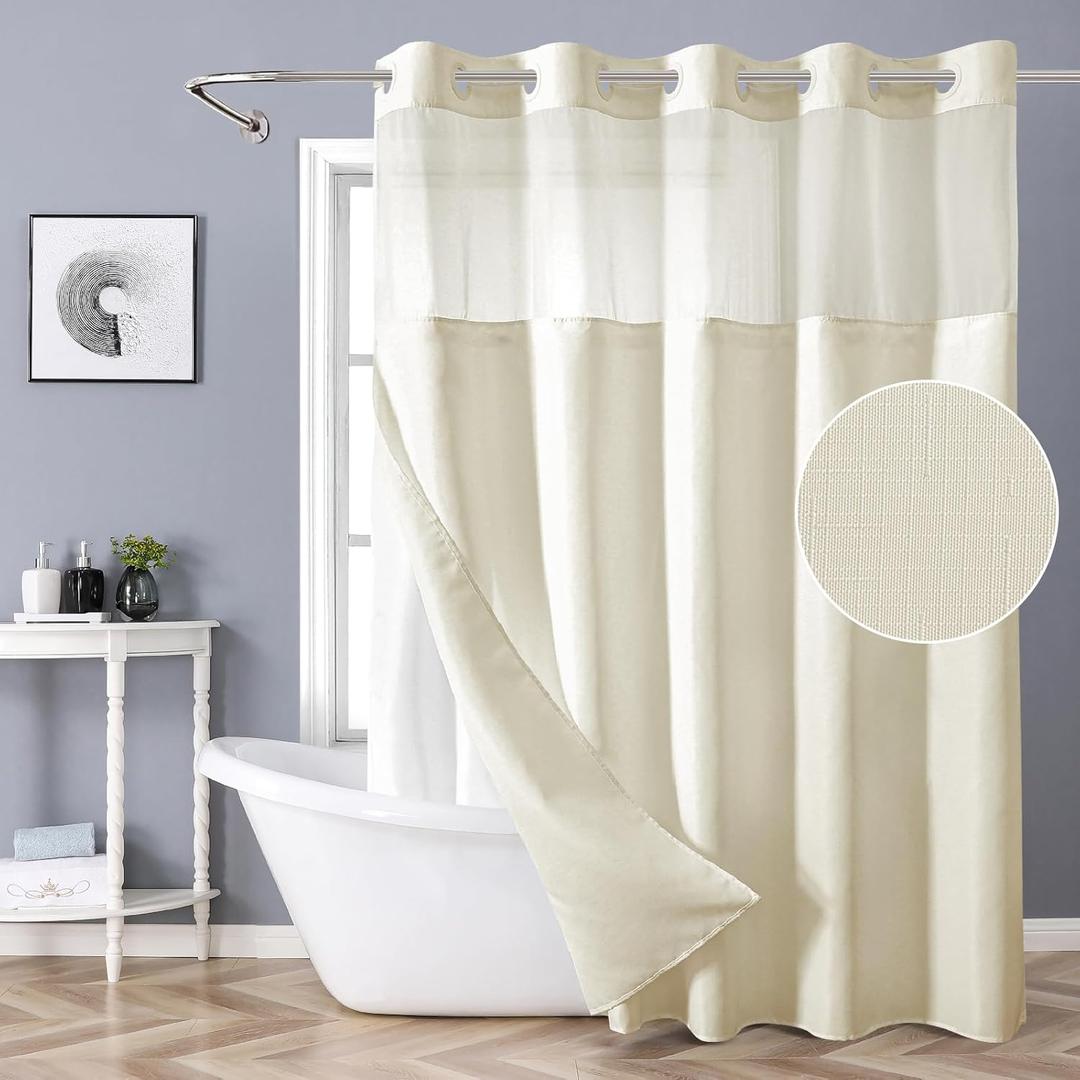 Cream No Hook Shower Curtain with Snap-in Fabric Liner Set,Slub Textured Fabric Shower Curtains for Bathroom,Hotel Style Modern Shower Curtain,Water Repellent & Washable,71x74(72)