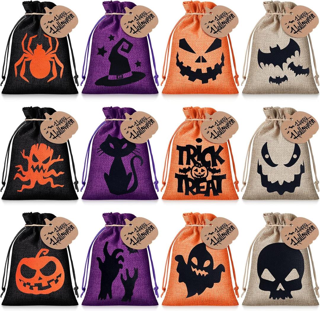 Yerliker 24 Pcs Halloween Burlap Treat Bags with Pumpkin Cards and Drawstring 7 x 5 Inch Halloween Linen Jute Bag Trick or Treat Burlap Candy Pouches for Party Favor(Scary Style)