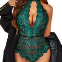 Avidlove Women Snap Crotch Lingerie Sexy Lace Bodysuit Deep V Teddy One Piece Babydoll Nightgown, Black&Green, XXL