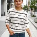 Dokotoo Womens Sweaters Spring Summer Oversized 3/4 Sleeve Striped Crewneck Casual Lightweight Knit Pullover Sweater Tops, XL