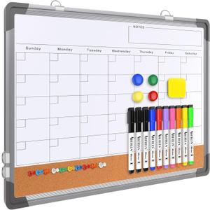 Monthly Calendar Whiteboard Dry Erase Cork Board Combination for Wall, 17"x13" Magnetic Dry Erase Board, Double-Sided White Board, Portable Board for Office, Kitchen, Planning, Memo, School, Home