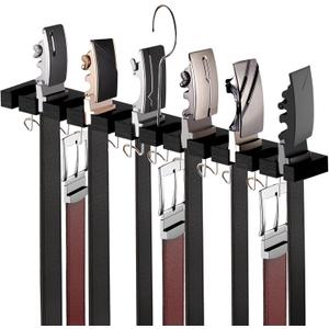 Belt Hanger for Closet Max 42 Belts, 2-in-1 Wall Mount Belt Organizer with 360 Rotating Hooks, Wooden Tie and Belt Rack for Closet Accessories Organizers and Storage, Black