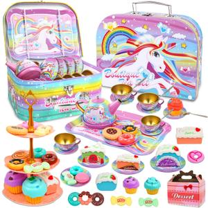 SMILESSKIDDO 46pcs Princess Tea Party Set for Little Girls - Kids Kitchen Pretend Play Toys - Toddler Tea Party Sets for Girls 3-5, Gift for 3 4 5 6 Girl(Unicron)