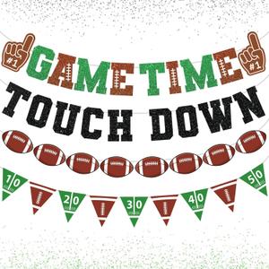 Football Decorations Game Time Touch Down Pre-Strung Football Banner Sports Party Favors Supplies for Indoor Home Birthday Flags (Green)