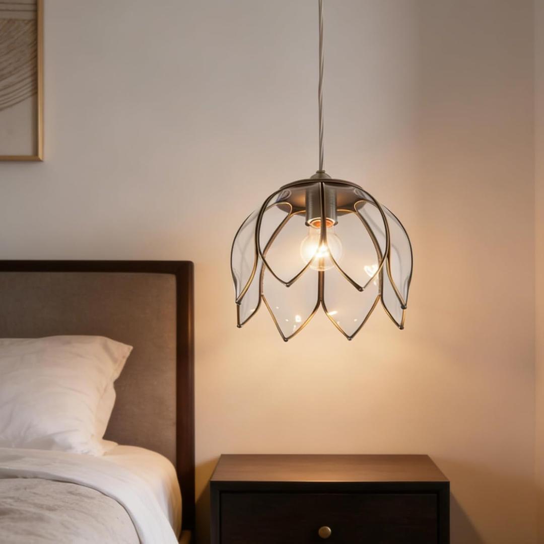Brass Glass Ceiling Tiffany Pendant Light, Hanging Chain lamp, with Vintage Lotus Flower Glass Shade for Kitchen Island Dining Room Bedroom Living Room-9.25" Clear Shade