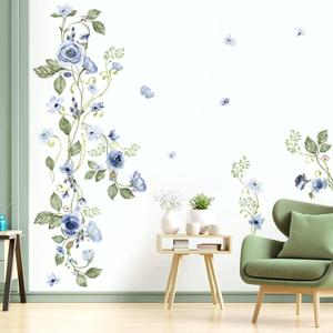 decalmile Hanging Blue Rose Flower Wall Stickers Watercolor Floral Vine Wall Decals Bedroom Living Room Sofa TV Background Home Decor