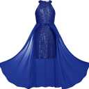 GRACE KARIN Girls Halter Neck Sequin Dress 6-14Y Kids Fancy Formal Party Christmas Sparkly Pageant Birthday Dresses (10-12 Years, Royal Blue)
