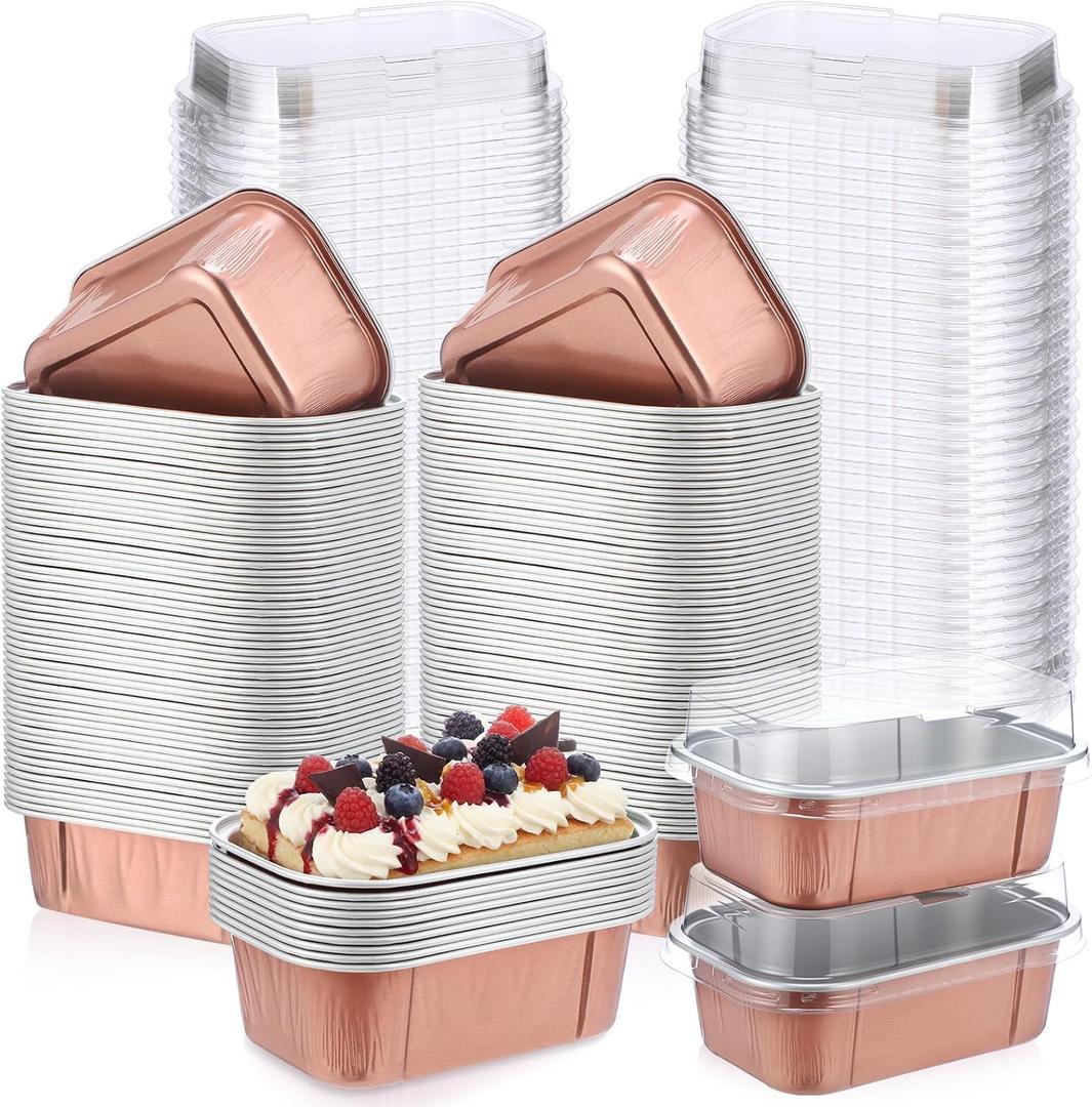 Vesici 100 Sets Mini Loaf Pans with Lids, 5.7 oz Disposable Aluminum Foil Baking Cups, Rectangle Cake Pans for Pudding Desserts Muffin Baking Storage Mother's Day Birthday Party(Champagne)