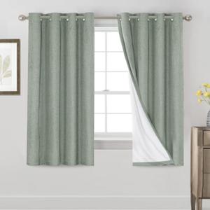 PrinceDeco Linen Texture Curtains 100% Blackout Curtains 64 inch Long 2 Panels Set for Bedroom Grommet Top Flax Textured Full Blackout Window Draperies Thermal Insulated White Liners,42 X64, Green Bay