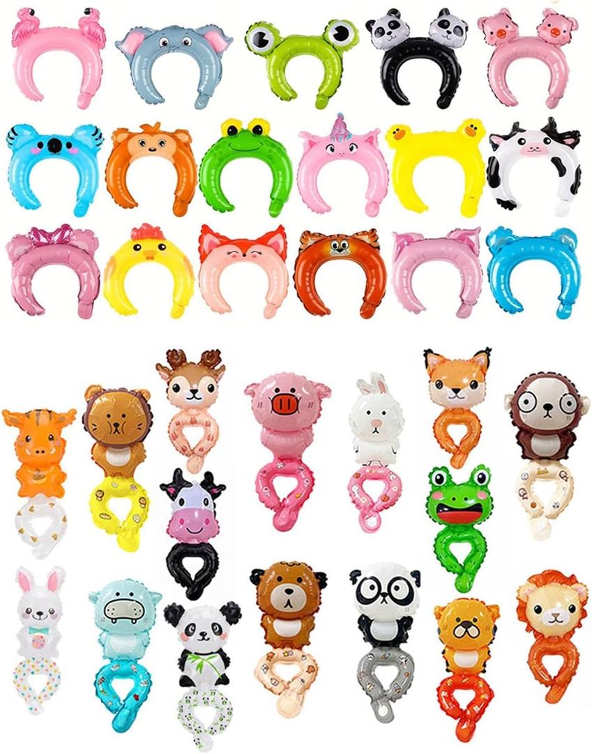 50pcs Assorted Style Cartoon Zoo Animal Inflatable Headbands and 25 Wrist Balloon Wildlife Safari Balloon Hair Hoop Animals Balloons Bracelets for Jungle Theme Birthday Party Favors