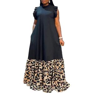 Famnbro Plus Size Maxi Dress for Women Summer Ruffles Sleeveless Patchwork Printed African Dresses (3X-Large, Black)