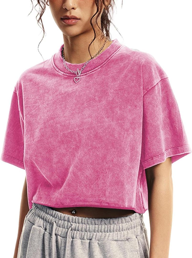 Womens Oversized Vintage T Shirts Casual Cropped Tees Short Sleeve Cotton Acid Wash Tops Summer Grunge Shirts (Small, Rose Red)