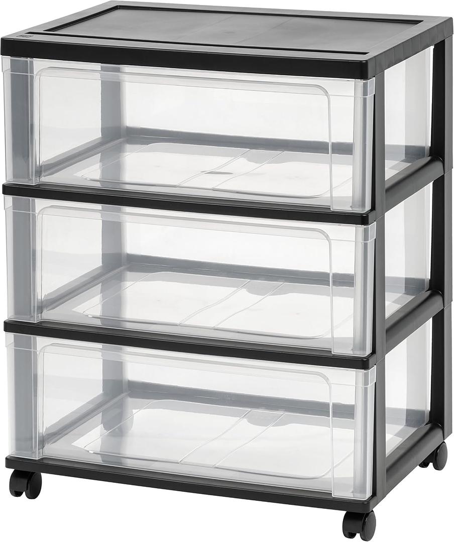 IRIS USA Plastic Drawer Storage Organizer Rolling Cart, with Wheels Casters, 3-Drawers, for Art Craft Supplies Bathroom Dorm Bedroom Laundry Room, Wide, Black