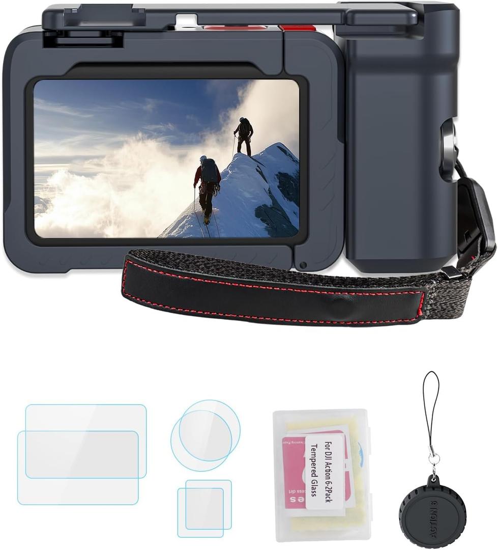 YETAKKR Camera Protection Kit for DJI OSMO Action 6 Aluminum Grip Set - 11-Piece Bundle: Street Photography Handle + Protective Cage + 9H Screen Protector + Wrist Strap Bundle Accessories (Gunmetal Gray)