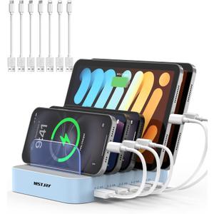 MSTJRY Charging Station for Multiple Devices : 5 Port Multi USB-A Charger Stations Multi-Device Organizer Charging Dock Designed for iPhone iPad Cell Phone Tablets (7 Short Cables Included), Blue