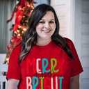Merry and Bright Plus Size Shirt Women Chenille Patch Christmas Tops Holiday Shirt Women Embroidery Xmas Tee Tops (Red)