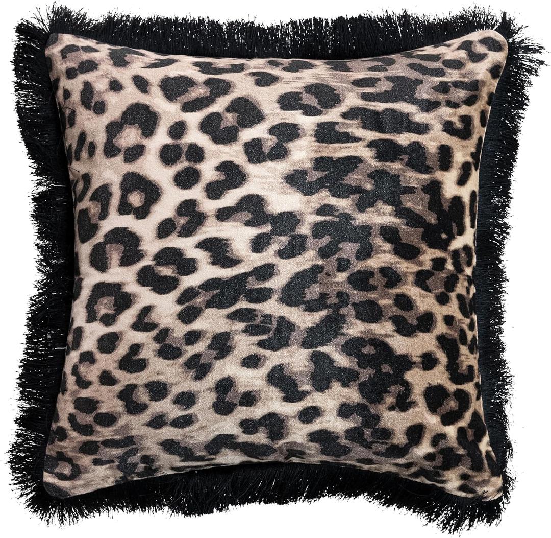 Creative Co-Op Square Cotton Velvet Leopard Print Pillow with Fringe, Multicolor, 18" Square