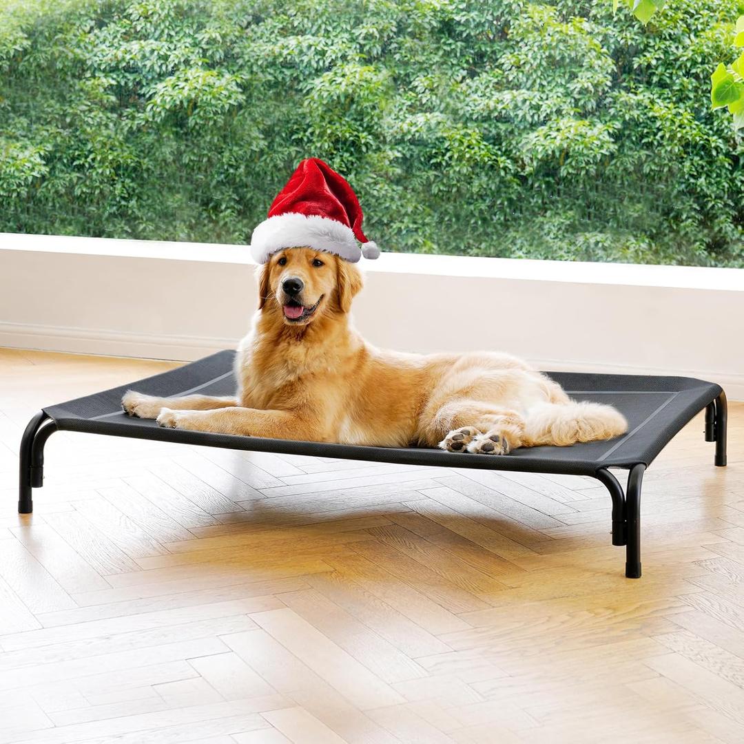 Elevated Dog Bed Raised Outdoor Dog Cot for Large Dogs, Installation Requires No Tools, Frame with Washable Cooling Breathable Mesh Anti-Slip Feet, Indoor Pet Bed, Black, 43.3 Inches (L-43.3"L×31.9"W×7.9"Th)