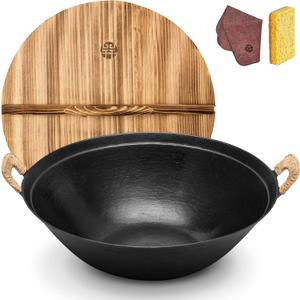 WANGYUANJI Cast Iron Wok Pan, 13.4 inch Cooking Wok Stir Fry Pan with Dual Handle and Wooden Lid, Suitable for All Cooktops, Uncoated Chinese Traditional wok