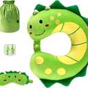 urnexttour Travel Neck Pillow for Kids, Dinosaur Memory Foam Pillow with Cute Sleep Mask & Earplugs, Lightweight Travelling Pillow Set for Airplane, Car, Train, Bus and Home Use (Green)
