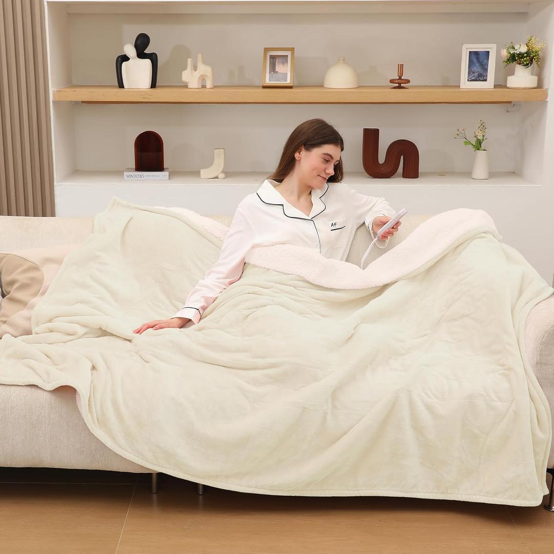 Heated Blanket Throw, Electric Throw Blanket with 5 Heating Levels & 4 Hours Auto Off, Soft Cozy Flannel Sherpa Electric Heated Blanket with ETL Certified for Office, 50"x60", White
